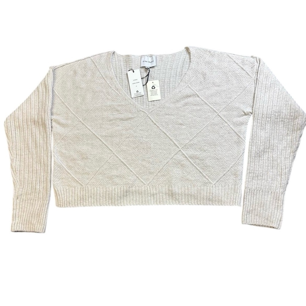 Pink Rose Textured Knit V-Neck Sweater Medium NWT Soft Beige Neutral